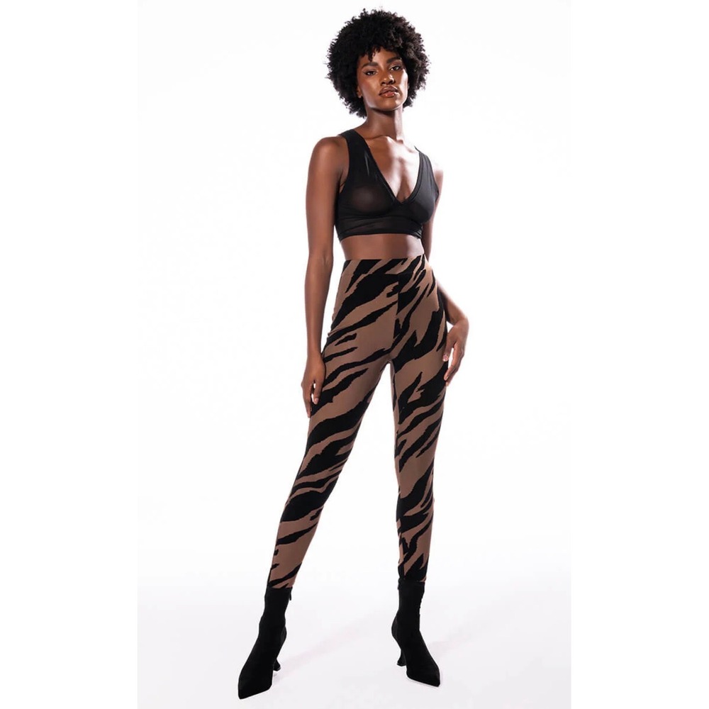 Akira Womens Tiger Print Flocked Mesh High Waisted Leggings‎ Tan Black Size L